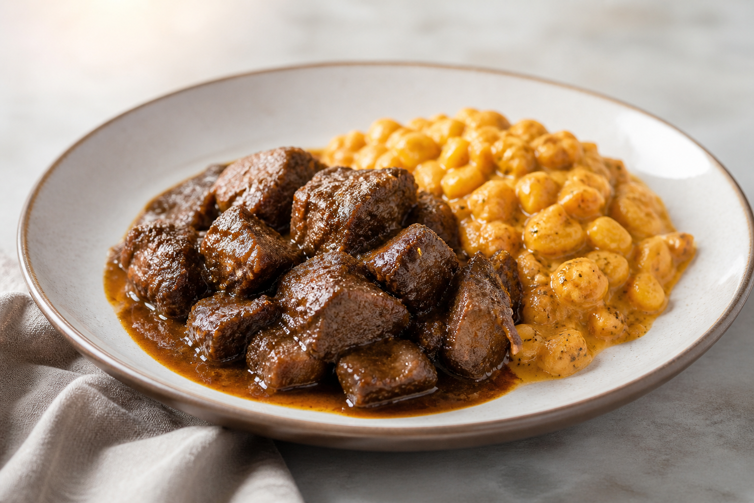 Seco de Res con Café y Naranjilla, acompañado de Mote Cremoso de Achiote