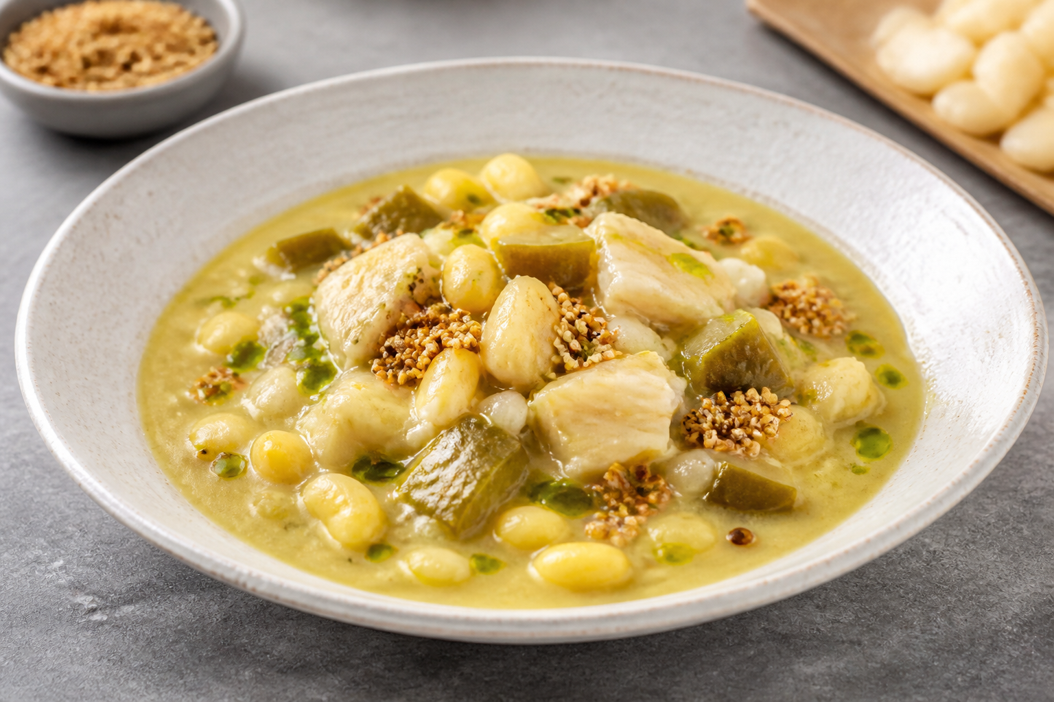 Light corn and cod fanesca with quinoa crunch and herb oil