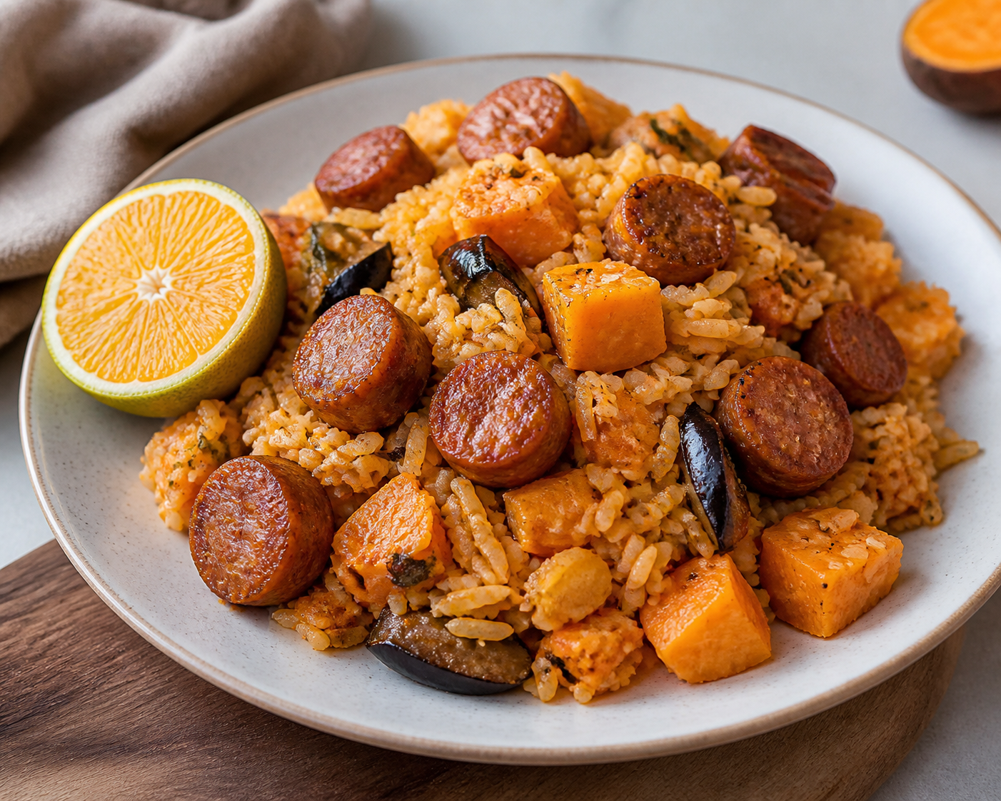 Dominican Longaniza Rice with Sweet Potato, Smoked Eggplant, and Sour Orange