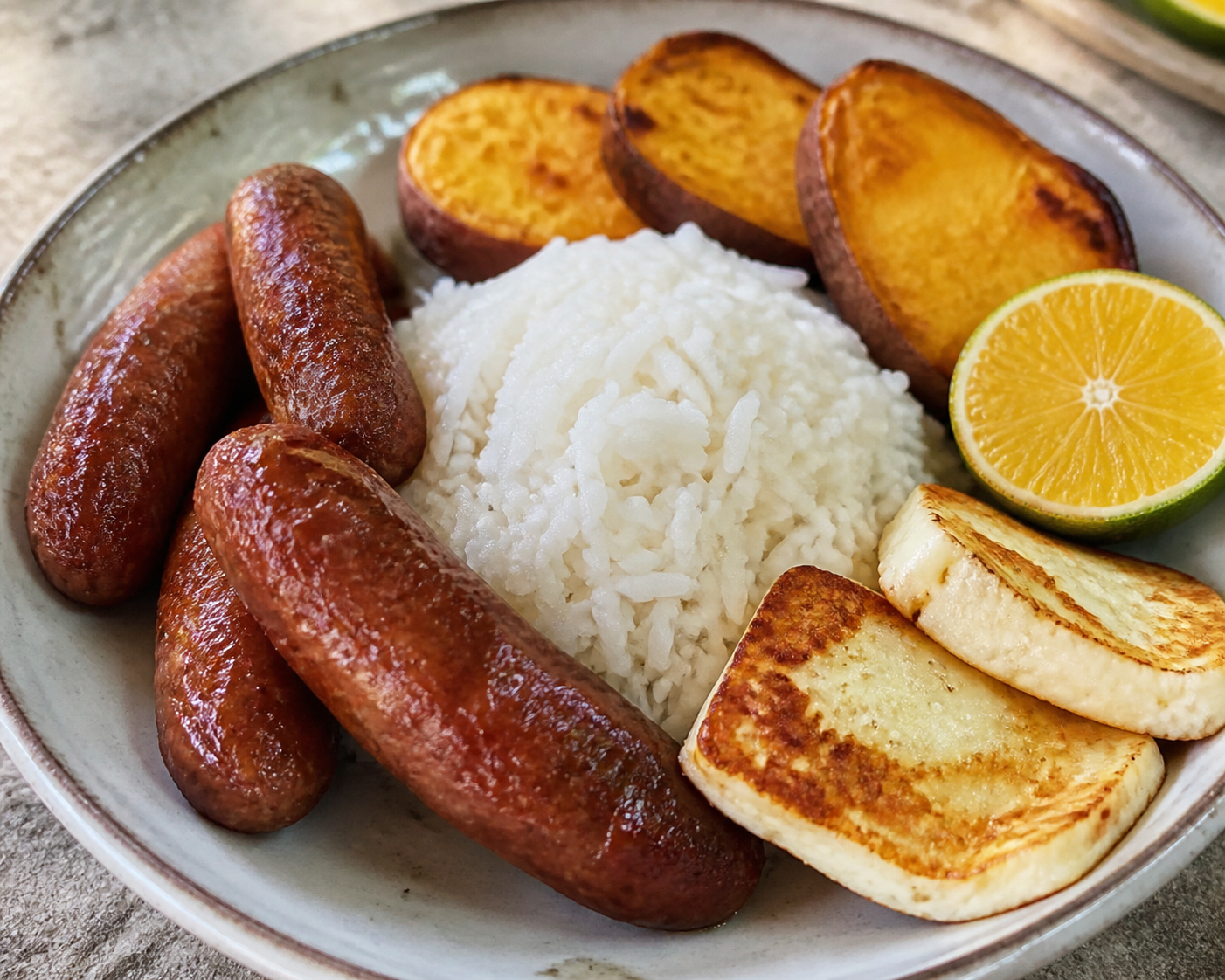 Dominican Longaniza Rice with Roasted Sweet Potato, Fried Cheese, and Sour Orange