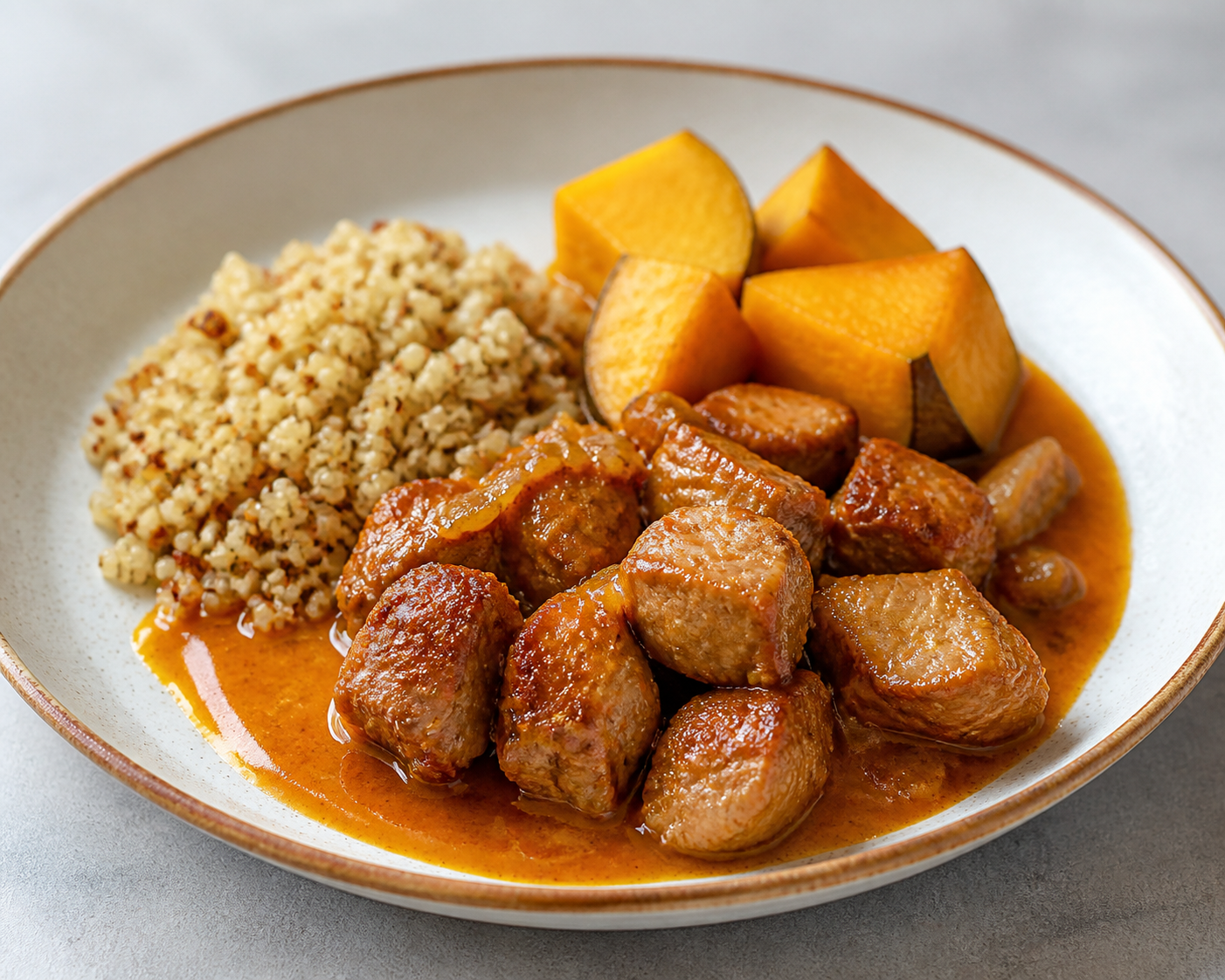 Fritada de Cerdo con Salsa de Tomate de Árbol y Chicha, acompañada de Quinua Tostada y Sambo Dorado