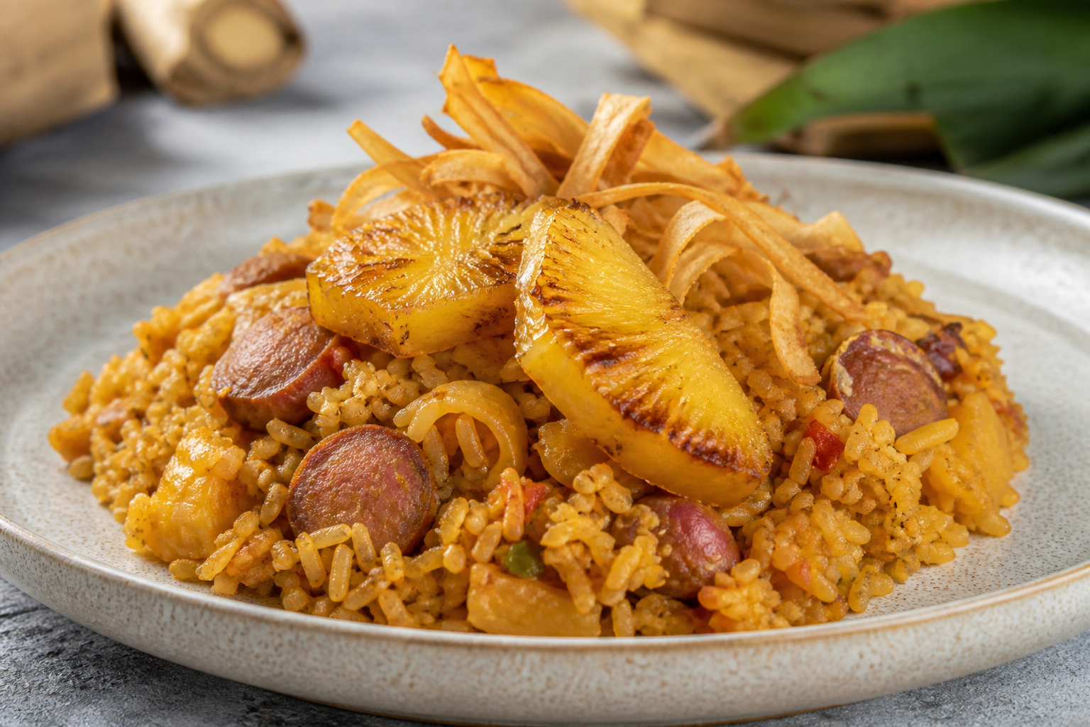 Locrio Dominicano de Longaniza con Piña Caramelizada y Lascas Crujientes de Yuca