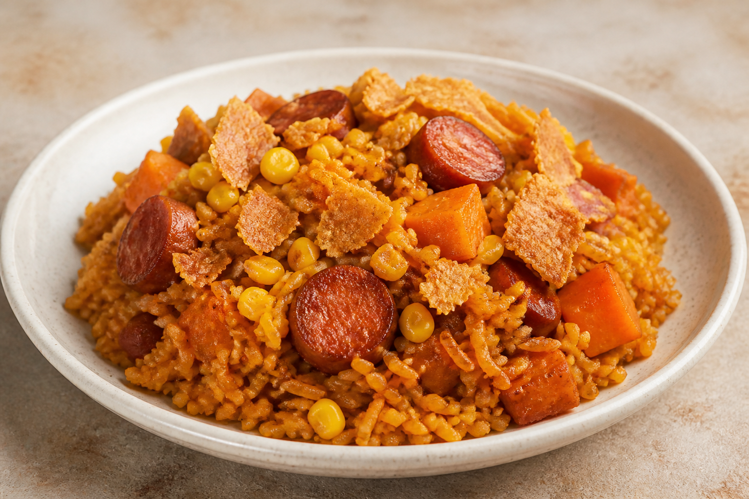 Locrio Dominicano de Longaniza con Batata, Maíz y Lluvia Crujiente de Casabe