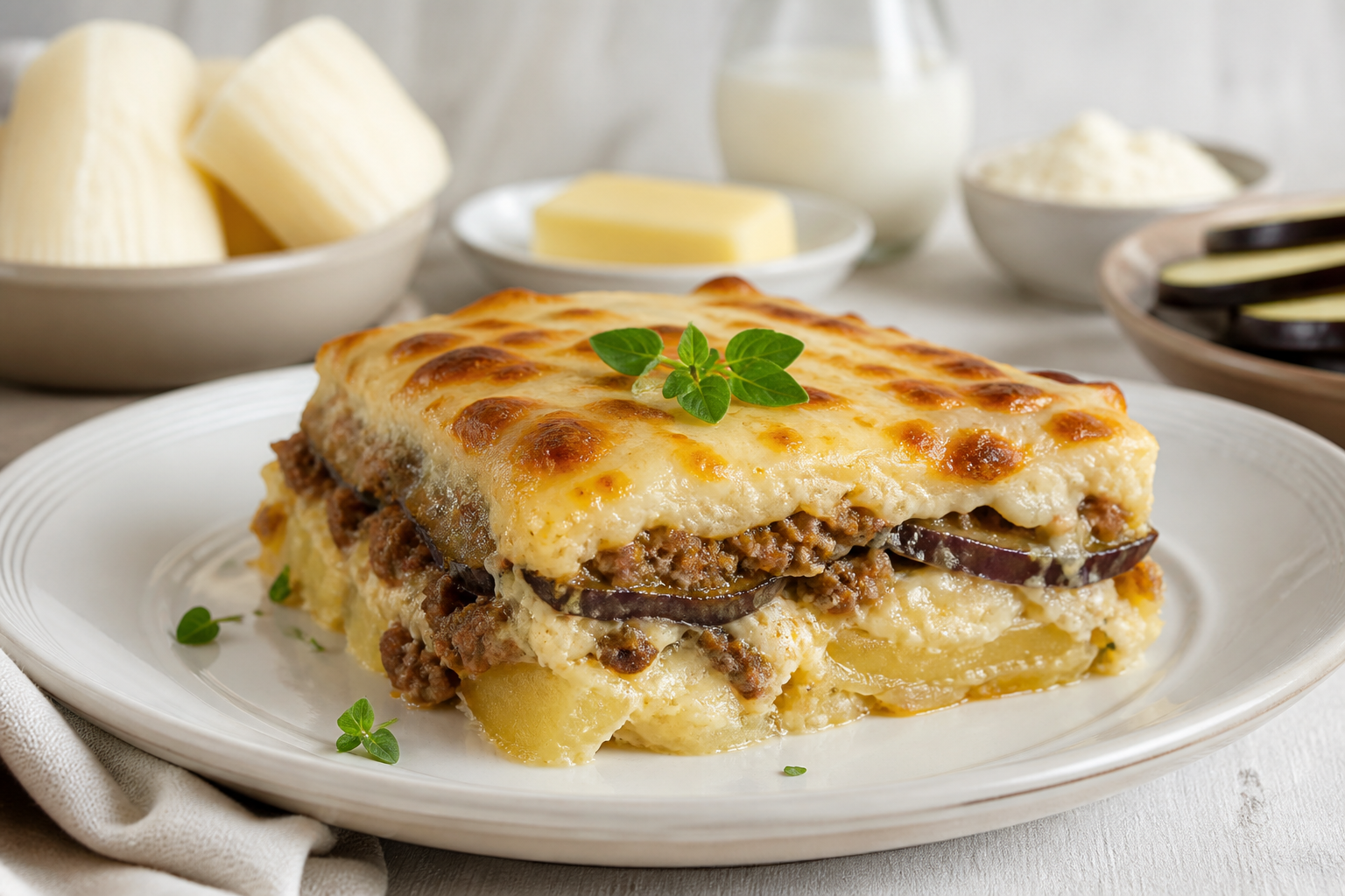 Dominican Caribbean Yuca Lasagna with Oregano Beef, Eggplant and Coconut Bechamel