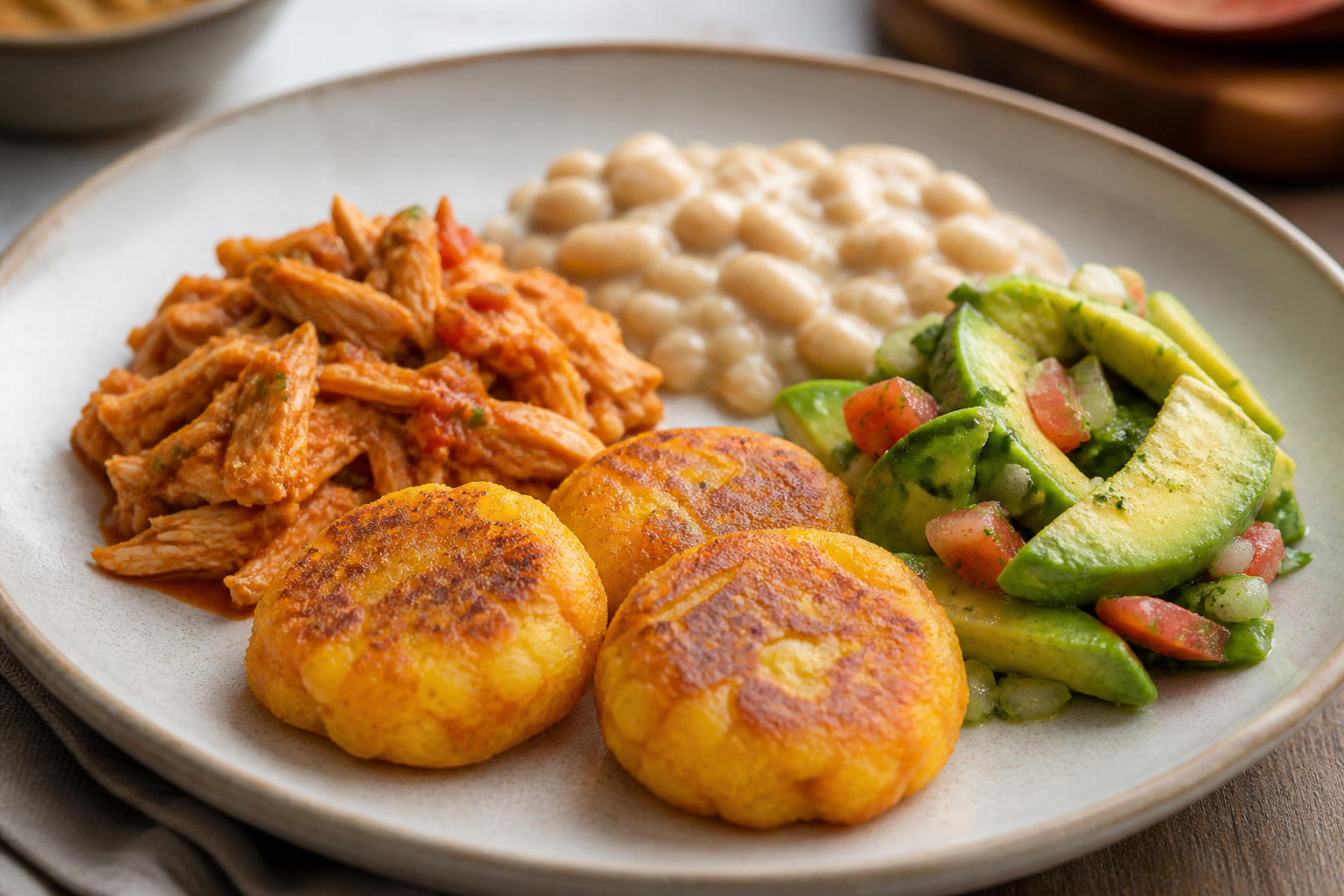 Arepitas de Yuca y Auyama con Pollo al Ají Dulce, Crema de Caraotas Blancas y Ensalada Tibia de Aguacate