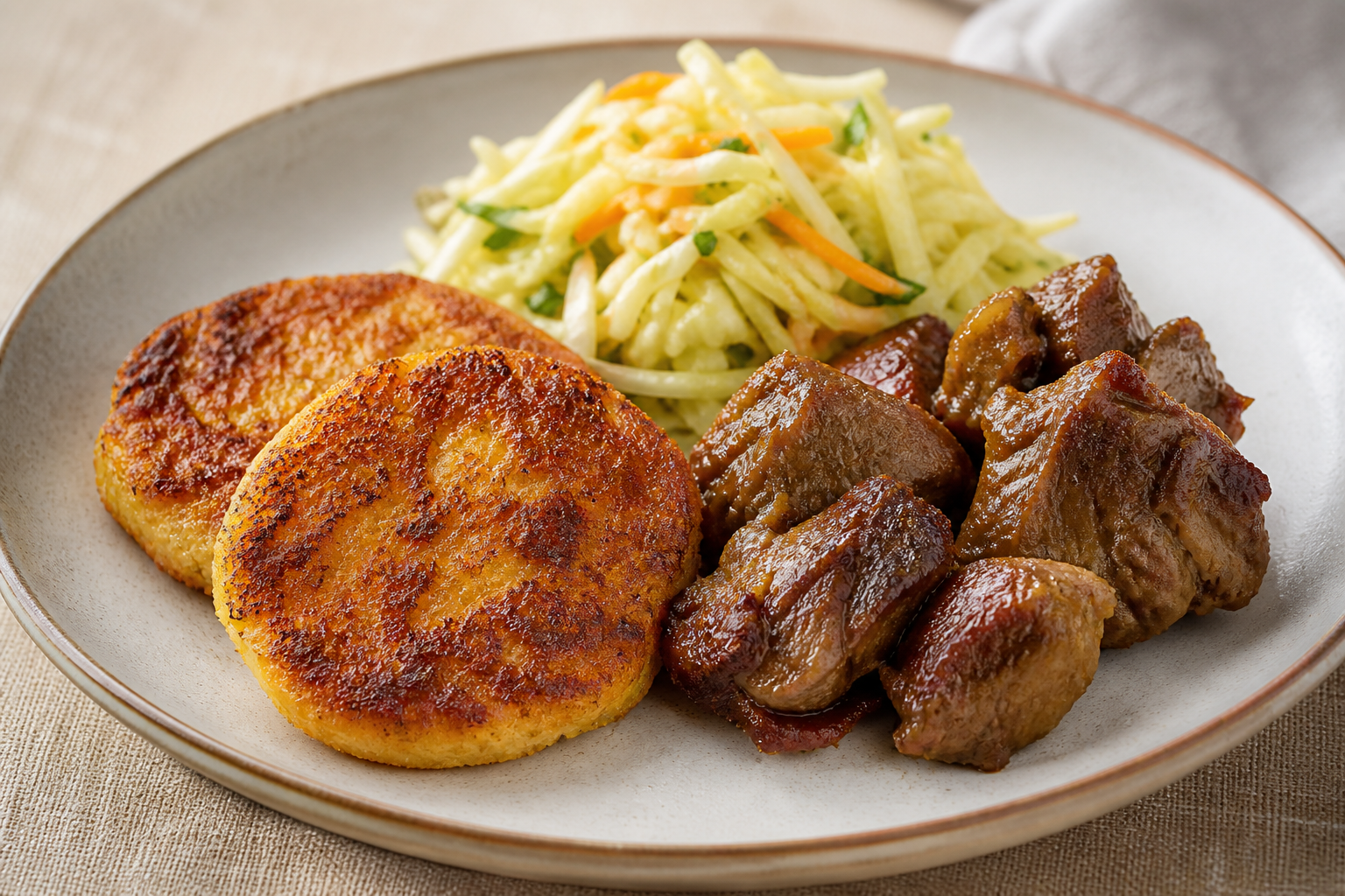 Crispy Yuca-Corn Arepitas with Panela Pork and Warm Cabbage Salad