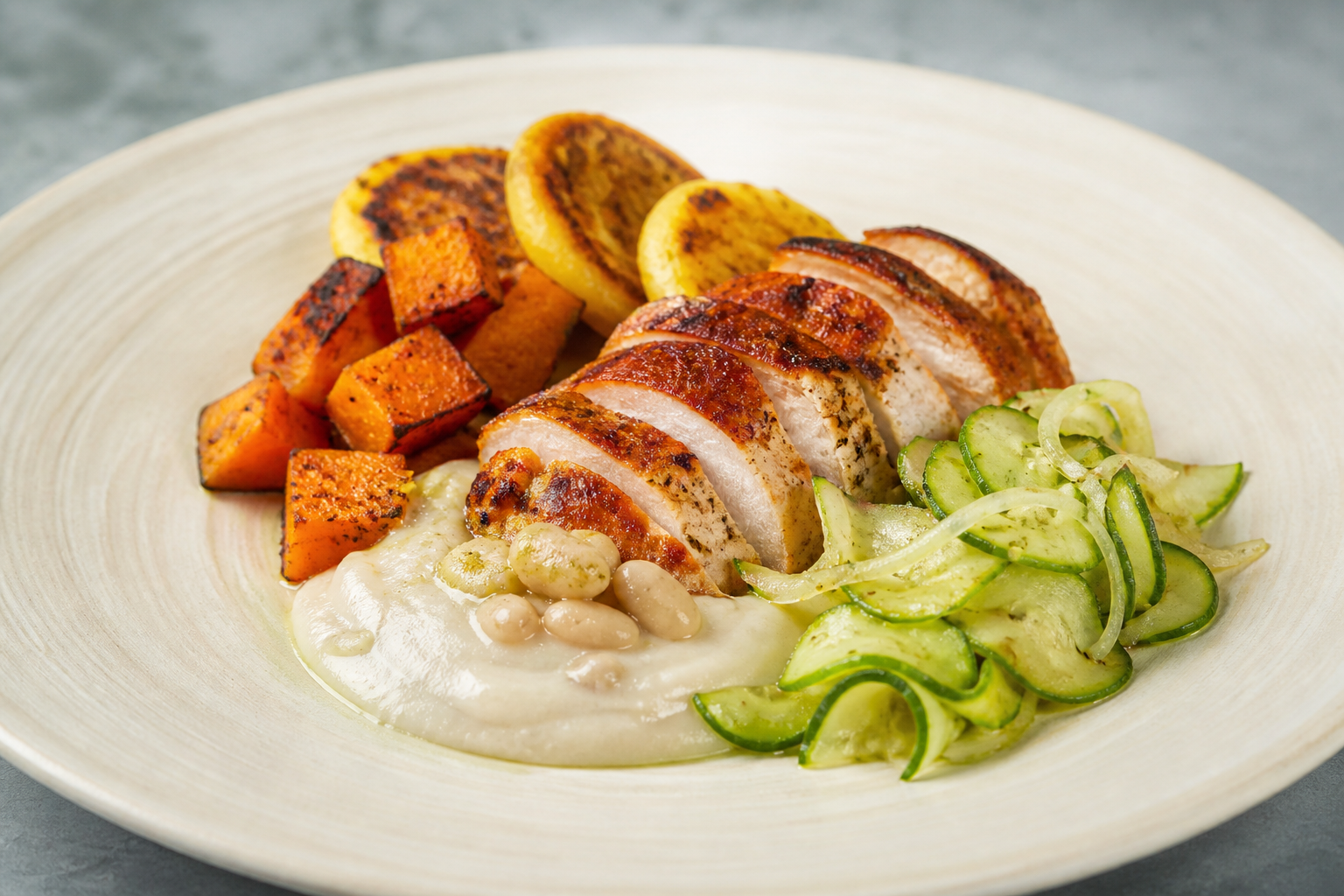Arepitas Asadas de Auyama y Anís con Pollo al Guayabo, Crema Tibia de Caraotas Blancas y Ensalada de Pepino