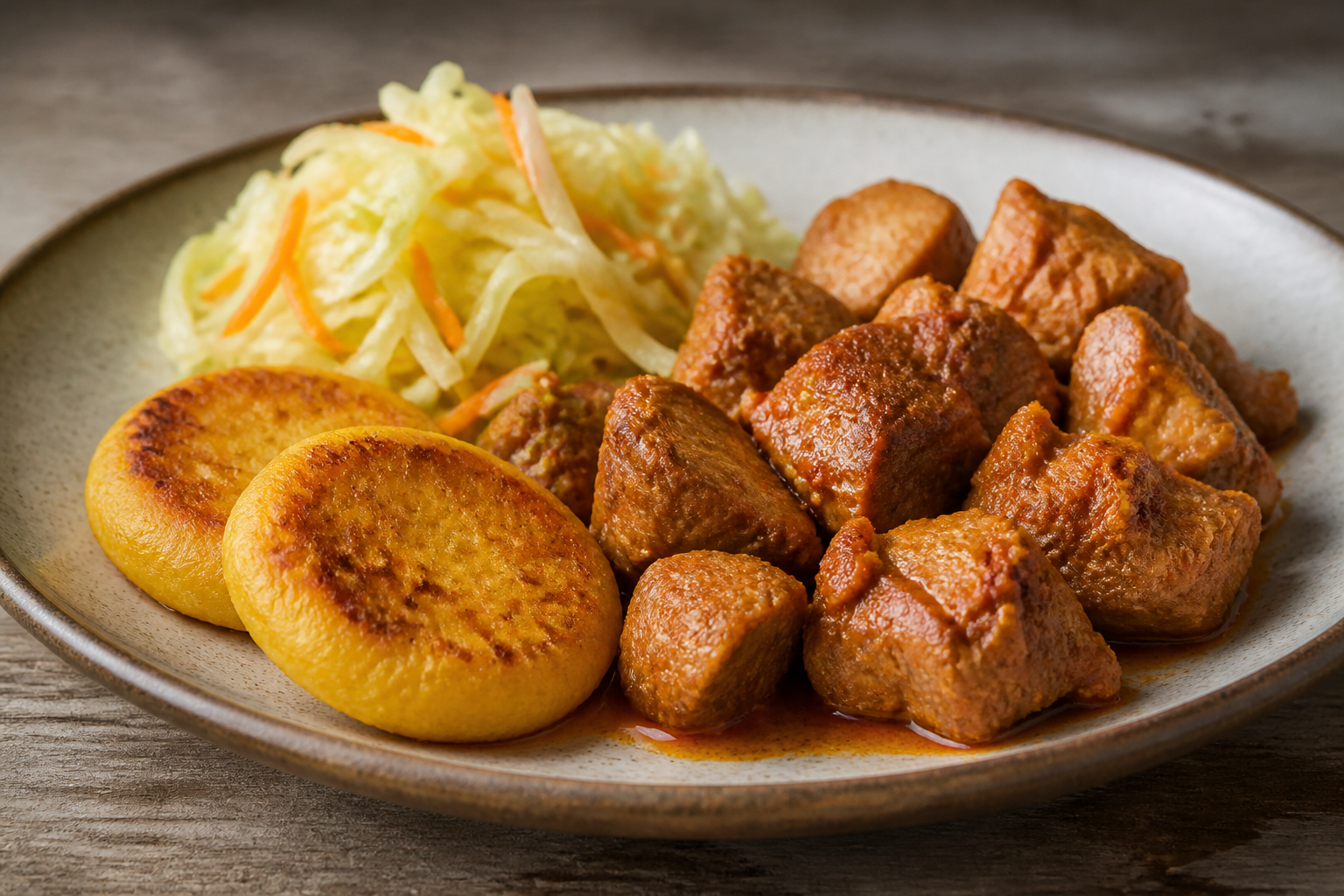 Andean Pumpkin-Anise Arepitas with Mild Cocuy Pork and Warm Cabbage Salad