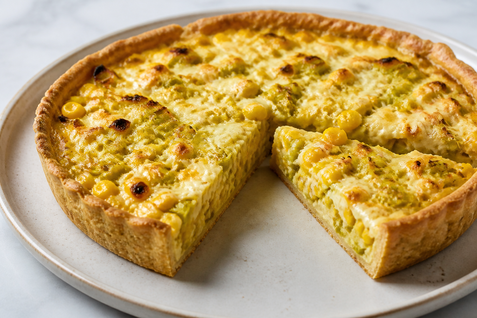 Creole tart with toasted corn, leek, and queso criollo in olive oil and oregano crust