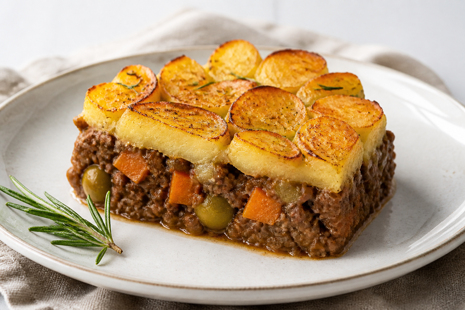 Criollo lentil and beef pie with roasted squash, green olives, and rosemary golden potato topping