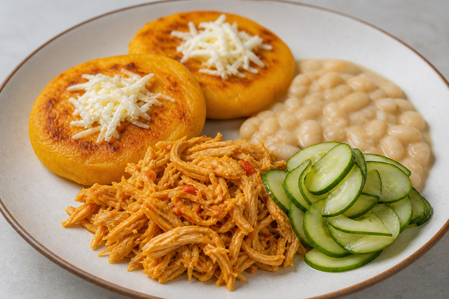Arepitas de Yuca y Auyama con Pollo al Ají Dulce, Crema de Caraotas Blancas y Pepino Encurtido