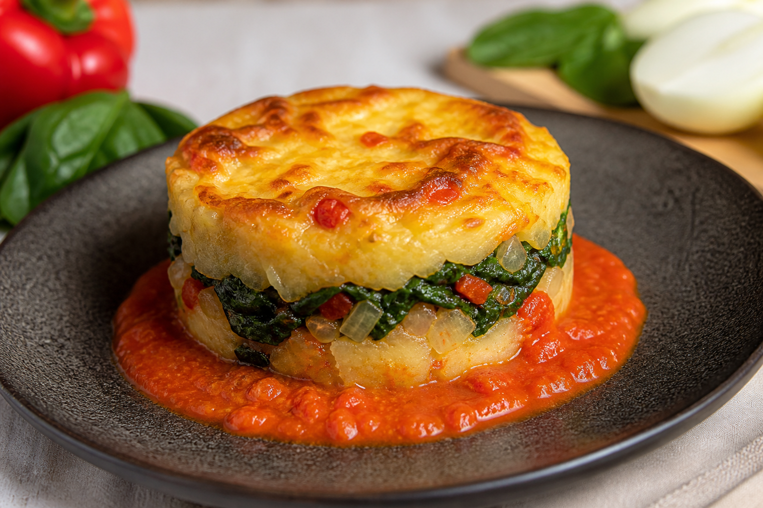 Criollo Cassava and Spinach Stacks with Smoky Red Pepper Sauce and Golden Cheese