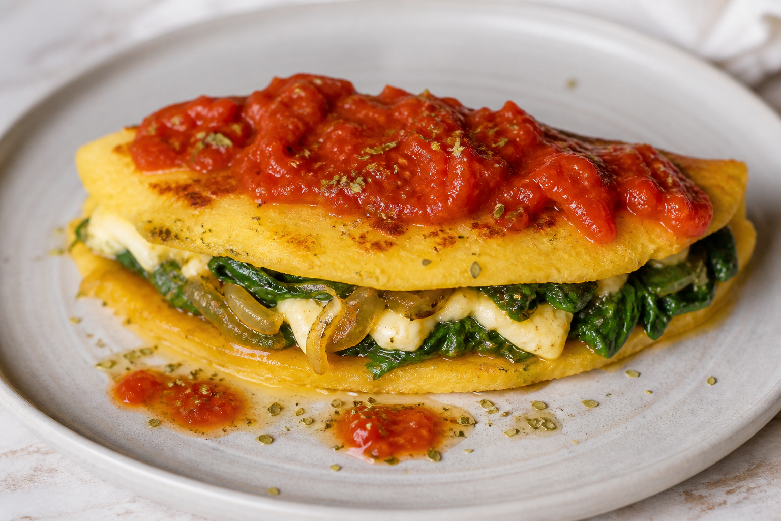 Stuffed fainá with spinach, roasted onion and queso criollo, with warm tomato oregano sauce