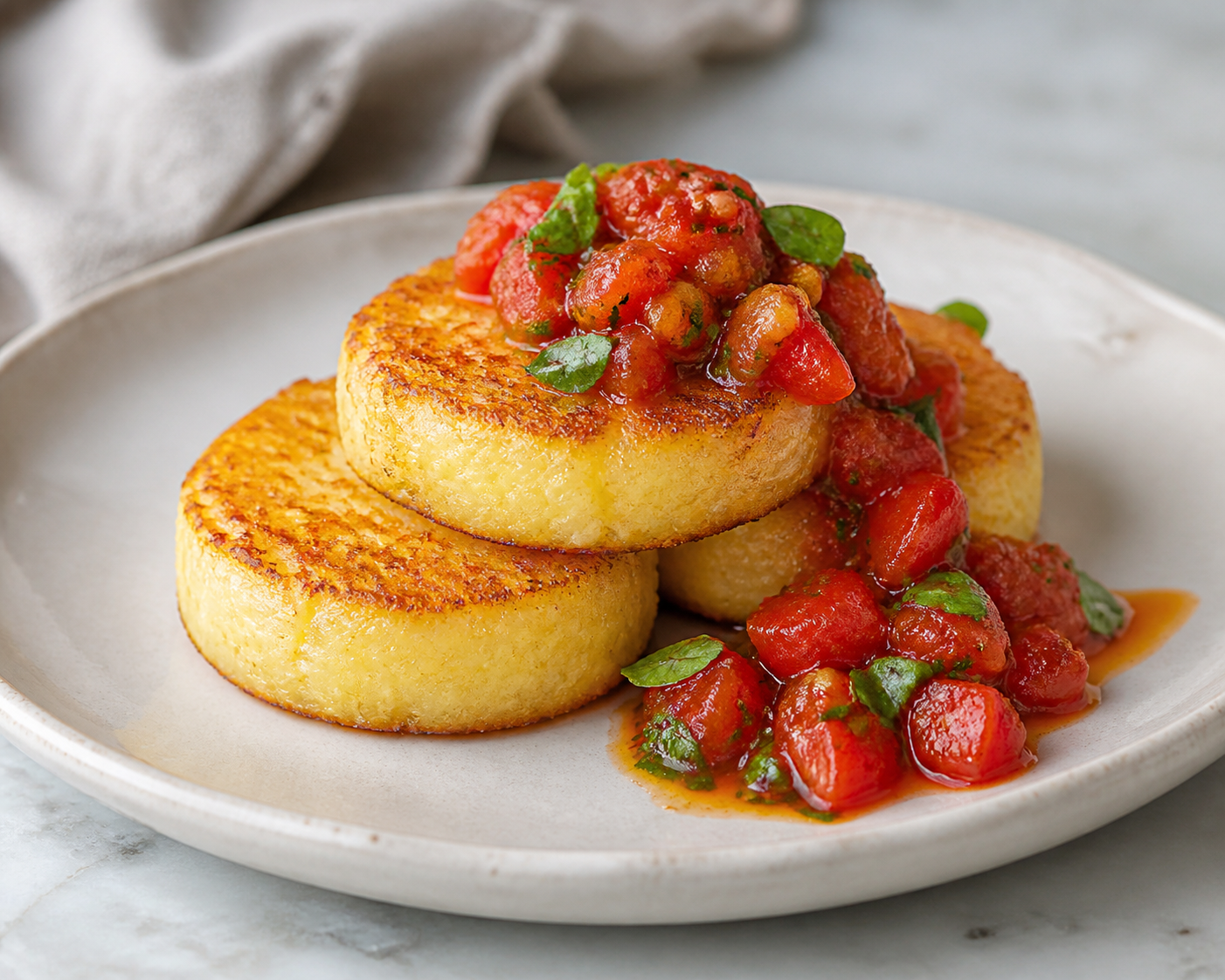 Criollo Cassava and Cheese Stacks with Tomato, Mild Chili and Basil Ragout