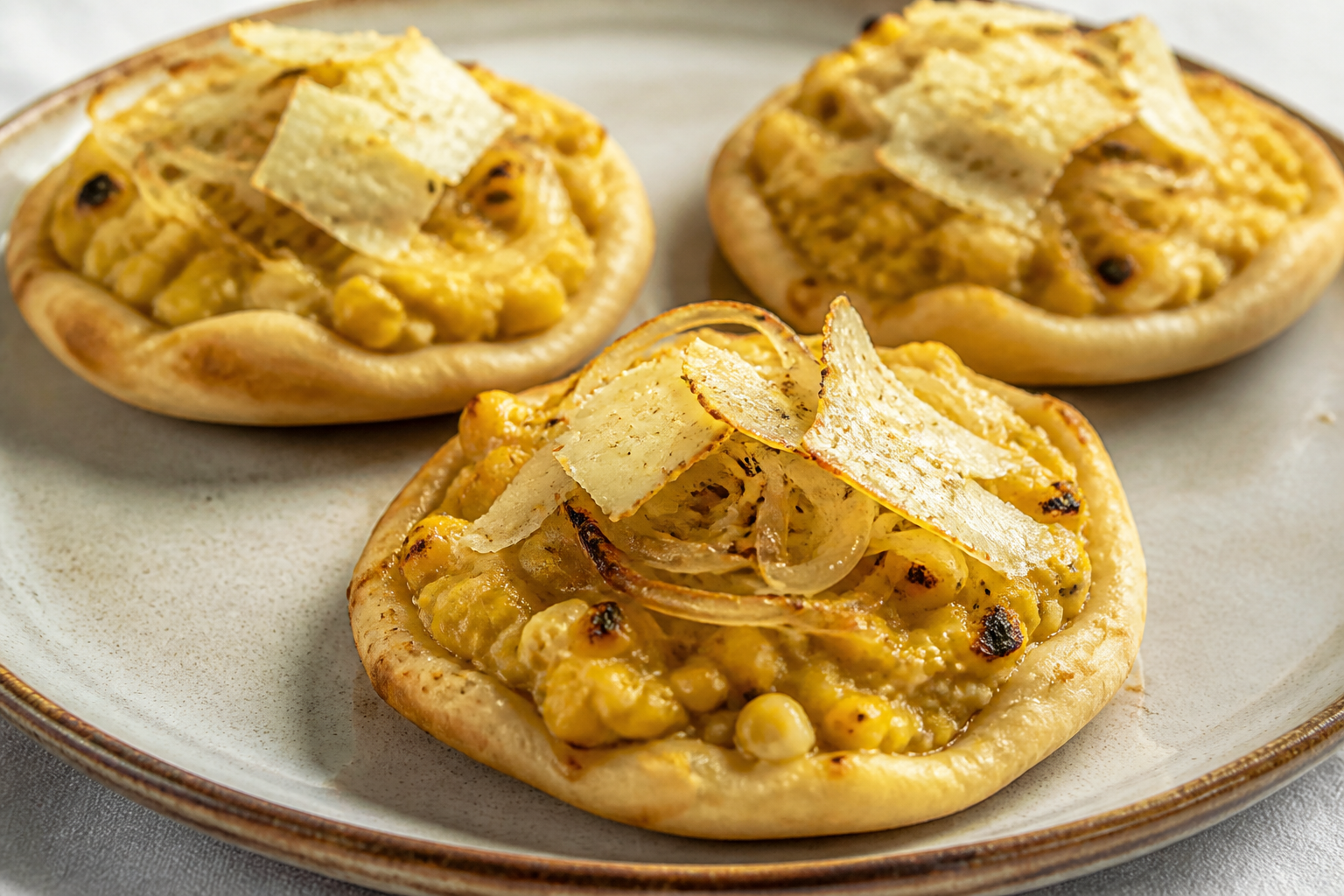 Open-Faced Roasted Corn Humita Empanadas with Cumin Onions and Crispy Sardo Cheese