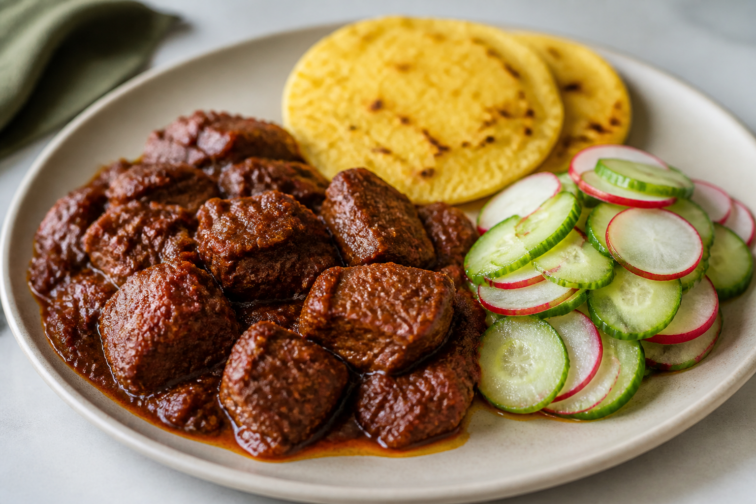 Honduran Beef in Tamarind and Ancho Chile Adobo with Corn Montucas and Cucumber Radish Salad