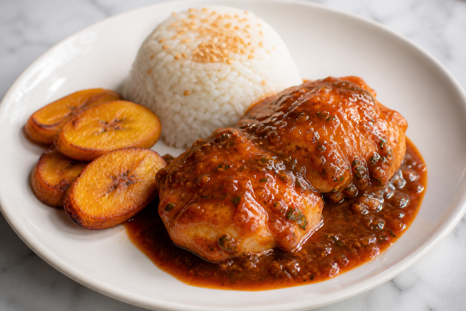 Pollo Catracho en Salsa de Tamarindo, Chile Dulce y Culantro con Arroz de Ajonjolí y Plátano Maduro Dorado