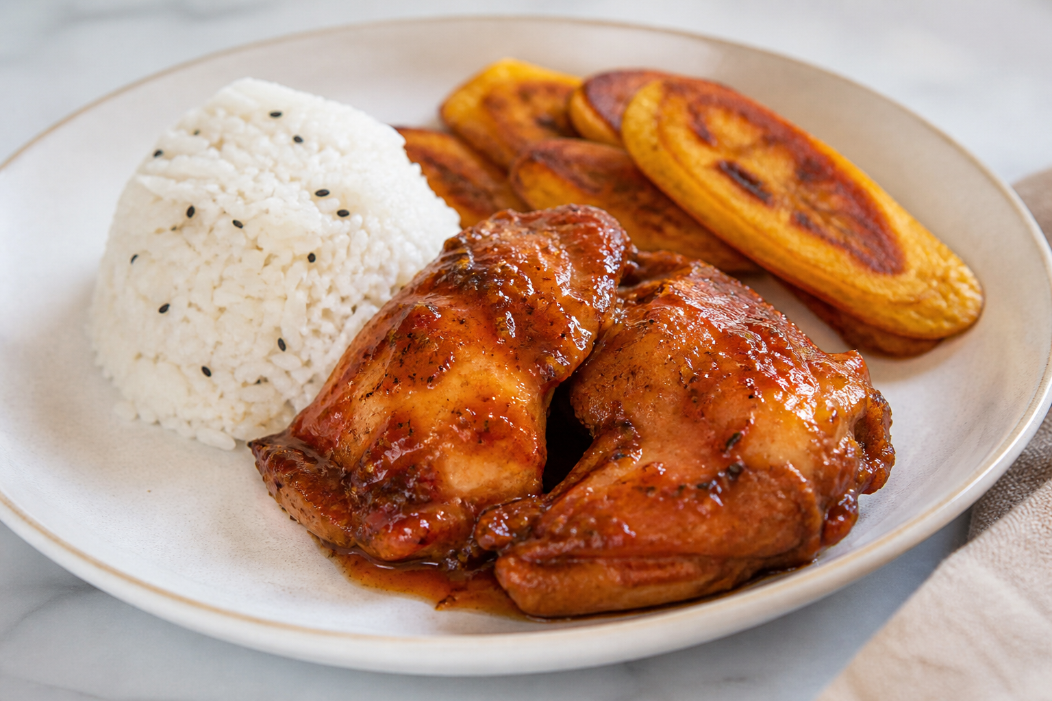 Pollo Catracho en Salsa de Tamarindo y Chile Dulce con Arroz de Ajonjolí y Plátano Maduro a la Plancha