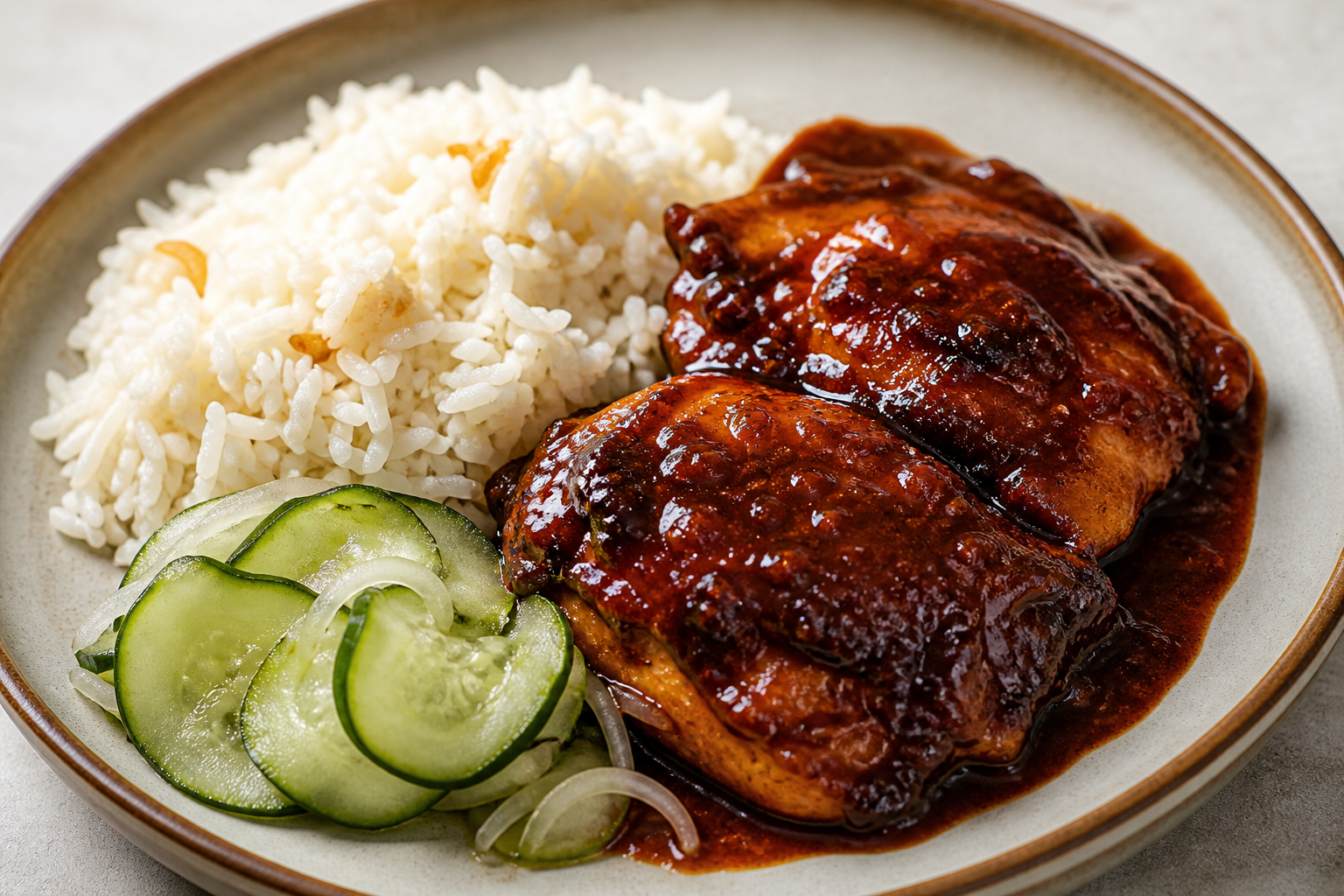 Honduran-Style Chicken in Tamarind and Ancho Chile Sauce with Coconut Rice and Pickled Cucumber