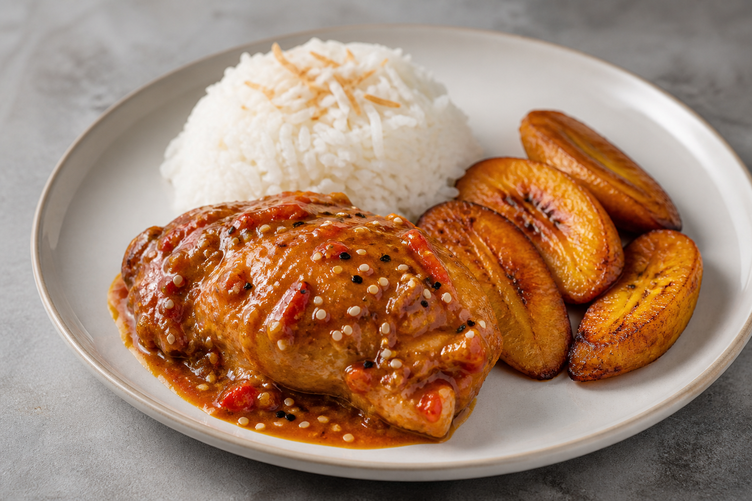 Honduran Chicken in Tamarind, Sesame, and Bell Pepper Sauce with Coconut Rice and Golden Sweet Plantain