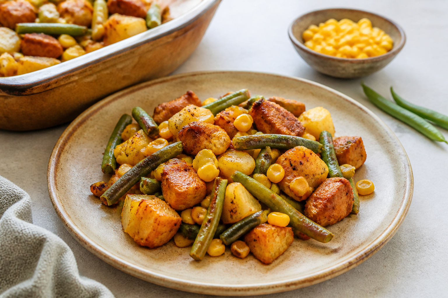 Green Bean and Smoked Corn Bake with Merkén Turkey