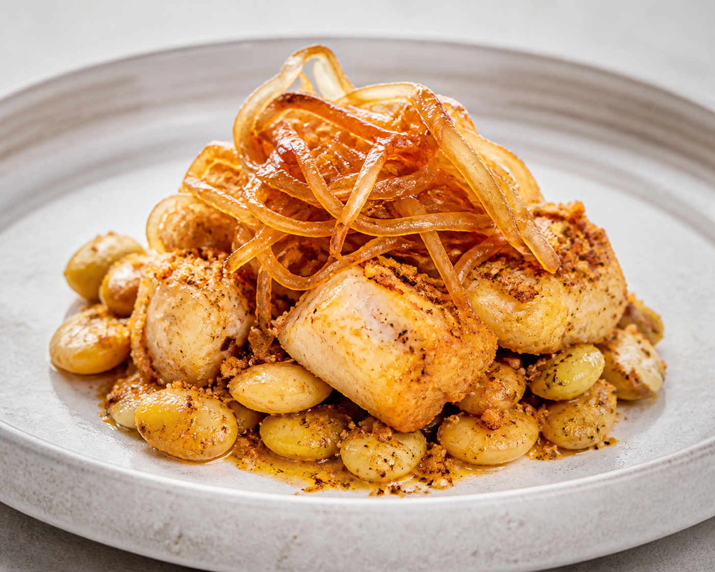 Lima Bean and Conger Bake with Merkén, Chuchoca Crust and Confit Onions