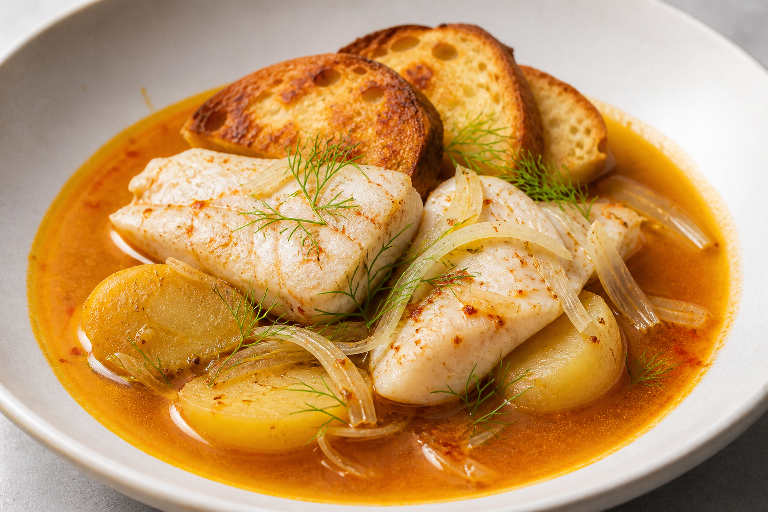 Chilean Toasted Marraqueta Caldillo with Conger, Fennel and Merkén Saffron Broth