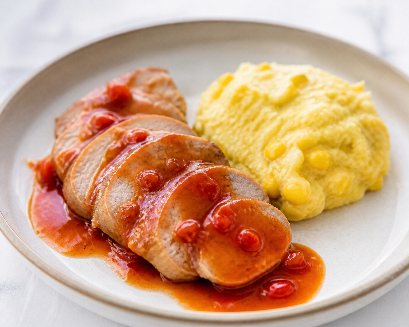 Lomo de Cerdo Colombiano en Salsa de Guayaba y Ají Dulce con Mote de Yuca y Maíz Tierno