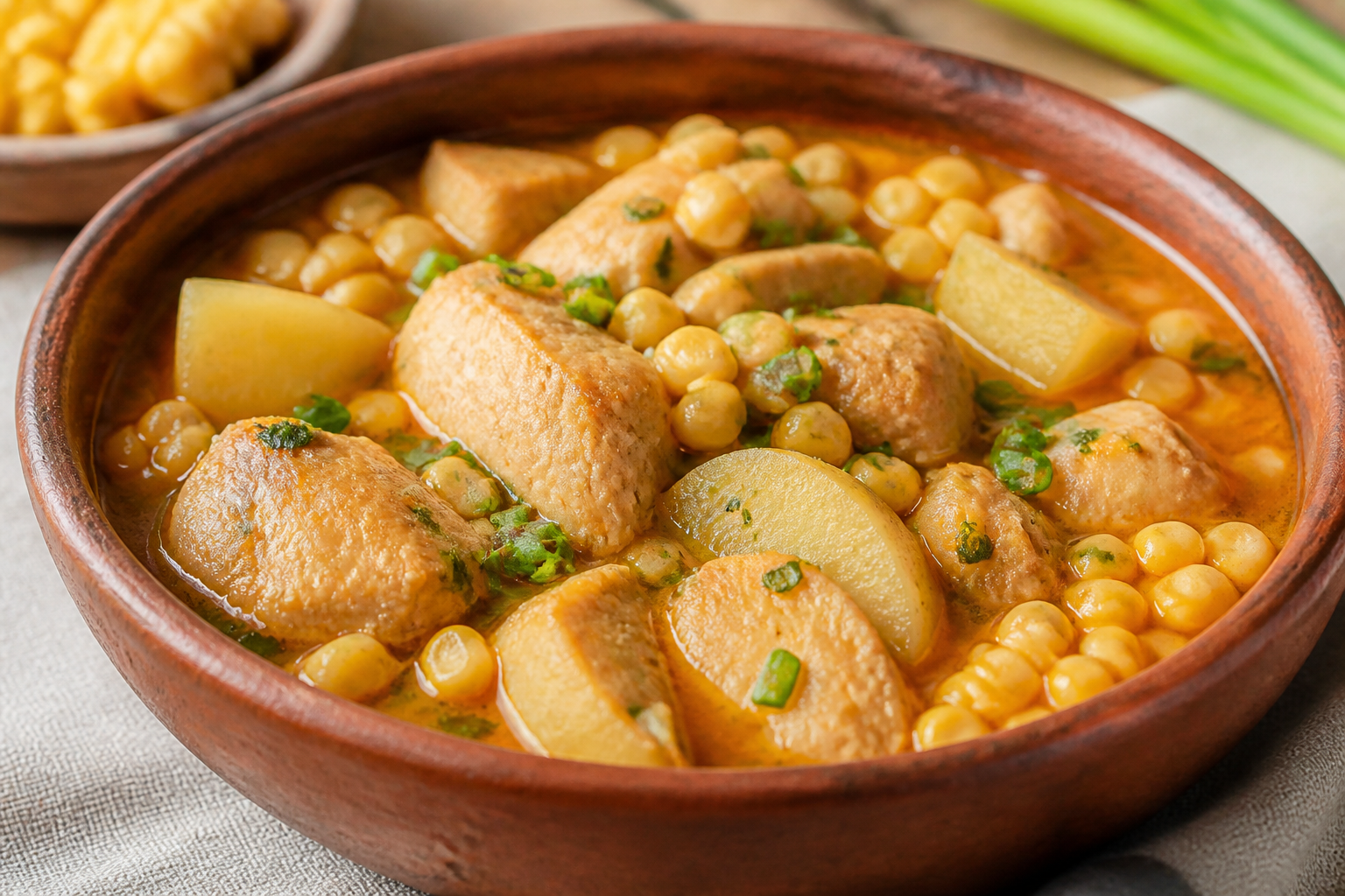 Colombian Chicken, Creole Potato and Sweet Corn Cazuela in Annatto and Guascas Broth