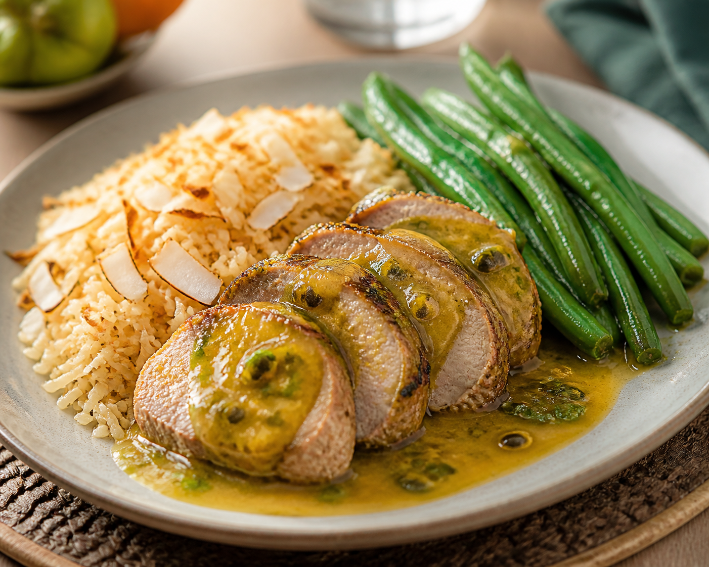 Lomo de Cerdo Colombiano en Salsa de Curuba y Cebolla Larga con Arroz de Coco Tostado y Habichuelas Salteadas