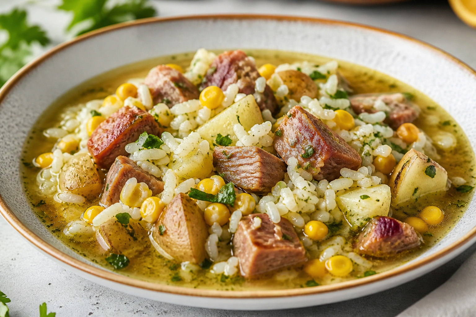 Colombian Brothy Rice with Smoked Pork, Creole Potatoes and Sweet Corn with Cilantro Lime Drizzle