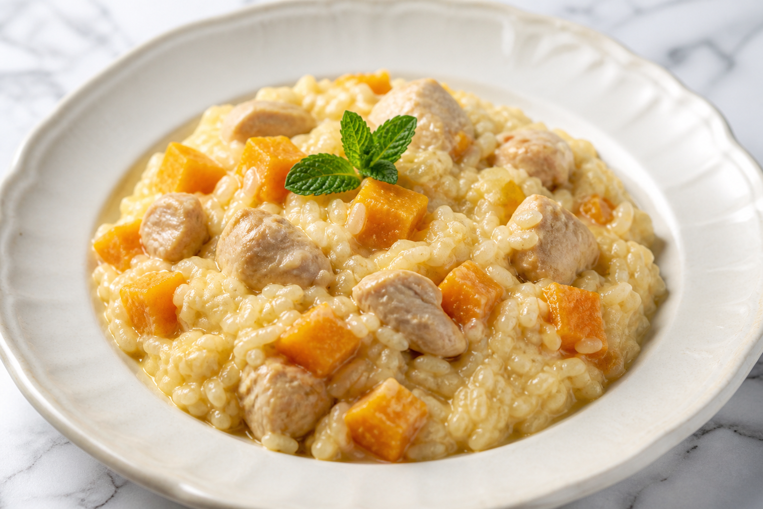 Arroz Meloso Cubano con Pollo, Calabaza, Cerveza Clara y Hierbabuena