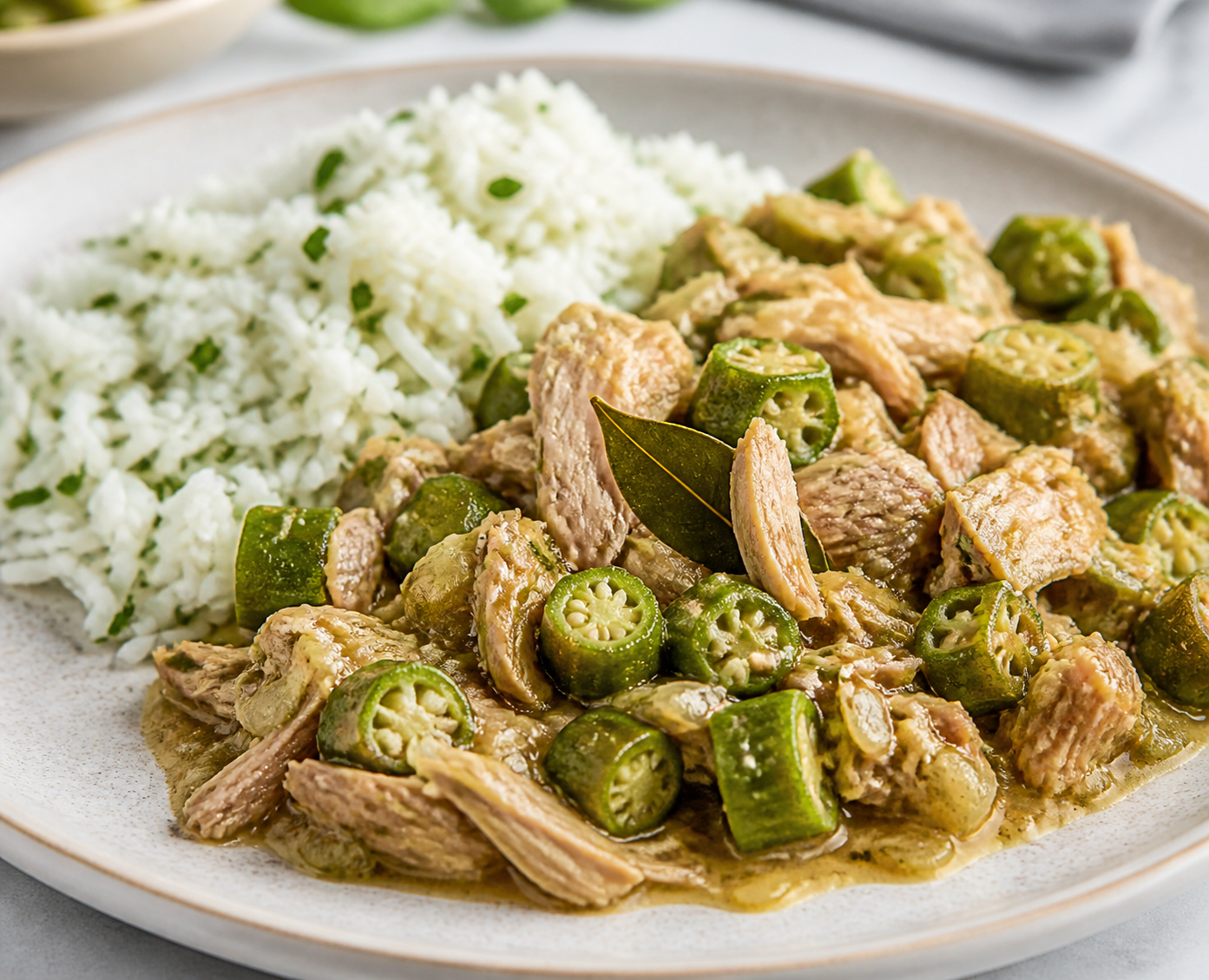 Quimbombó Criollo con Pavo Desmechado, Arroz de Ajo y Limón