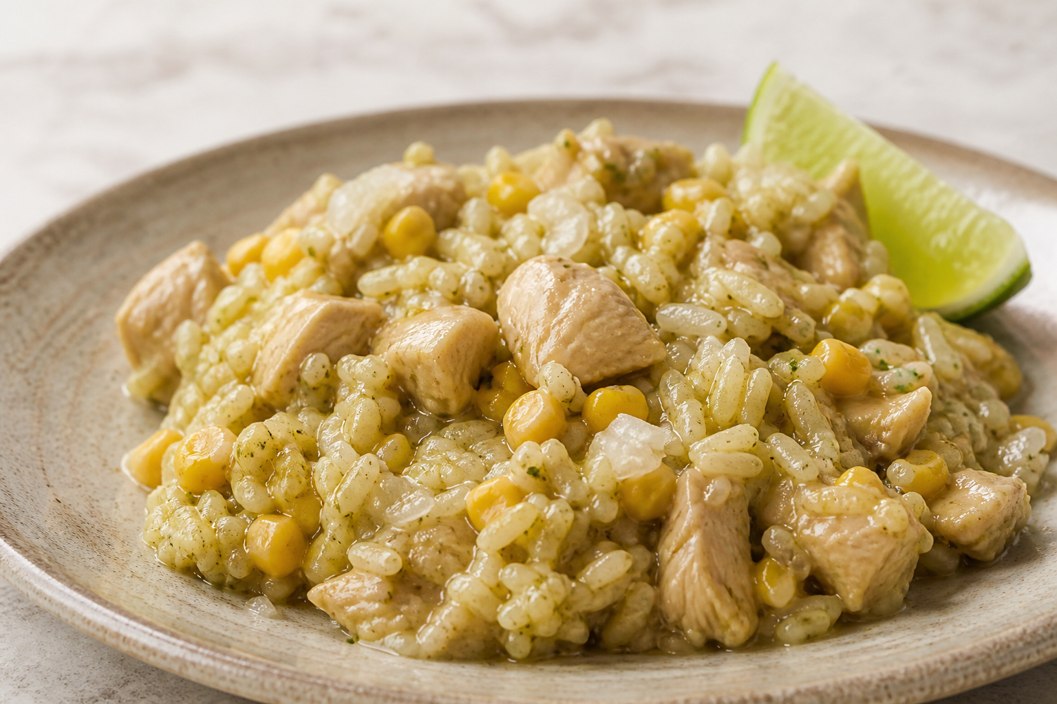 Cuban creamy rice with chicken, sweet corn, and lime mojo