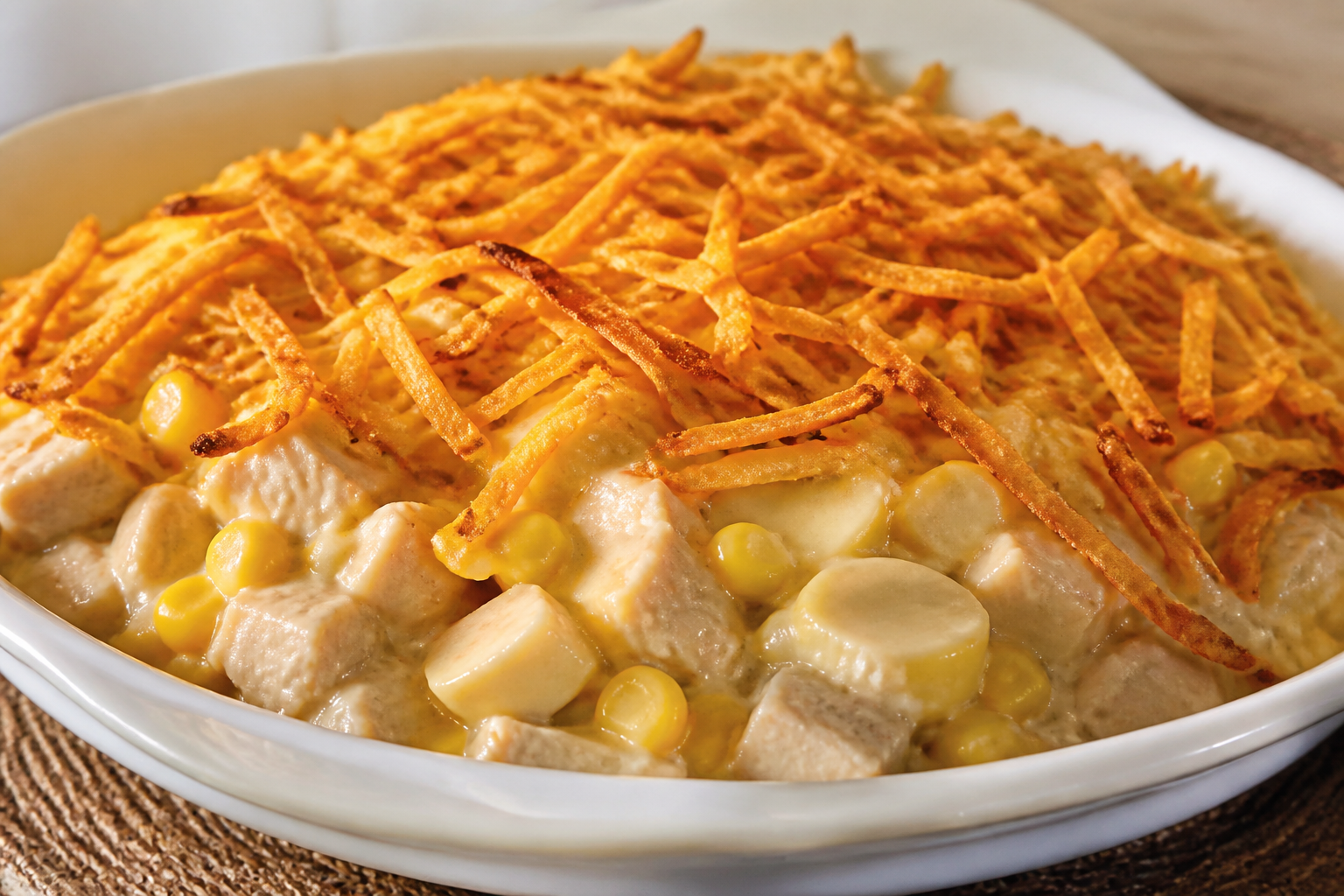 Brazilian Turkey Fricassee with Corn, Hearts of Palm, and Crispy Sweet Potato Crust