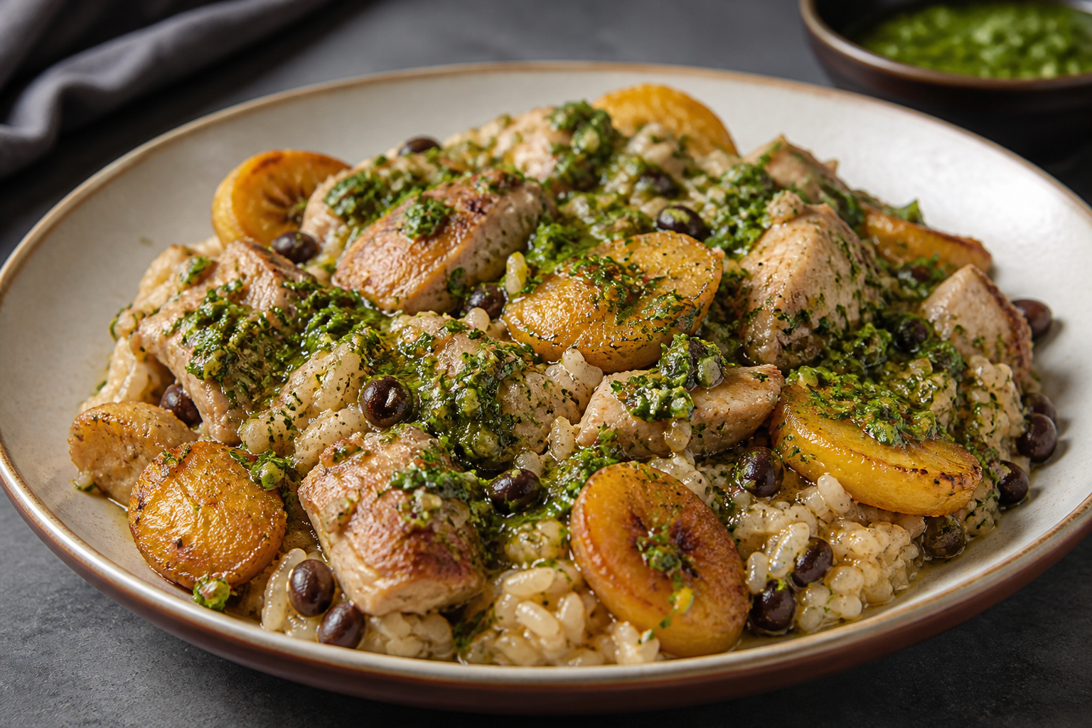 Arroz meloso cubano con pollo, plátano pintón y mojo de cilantro