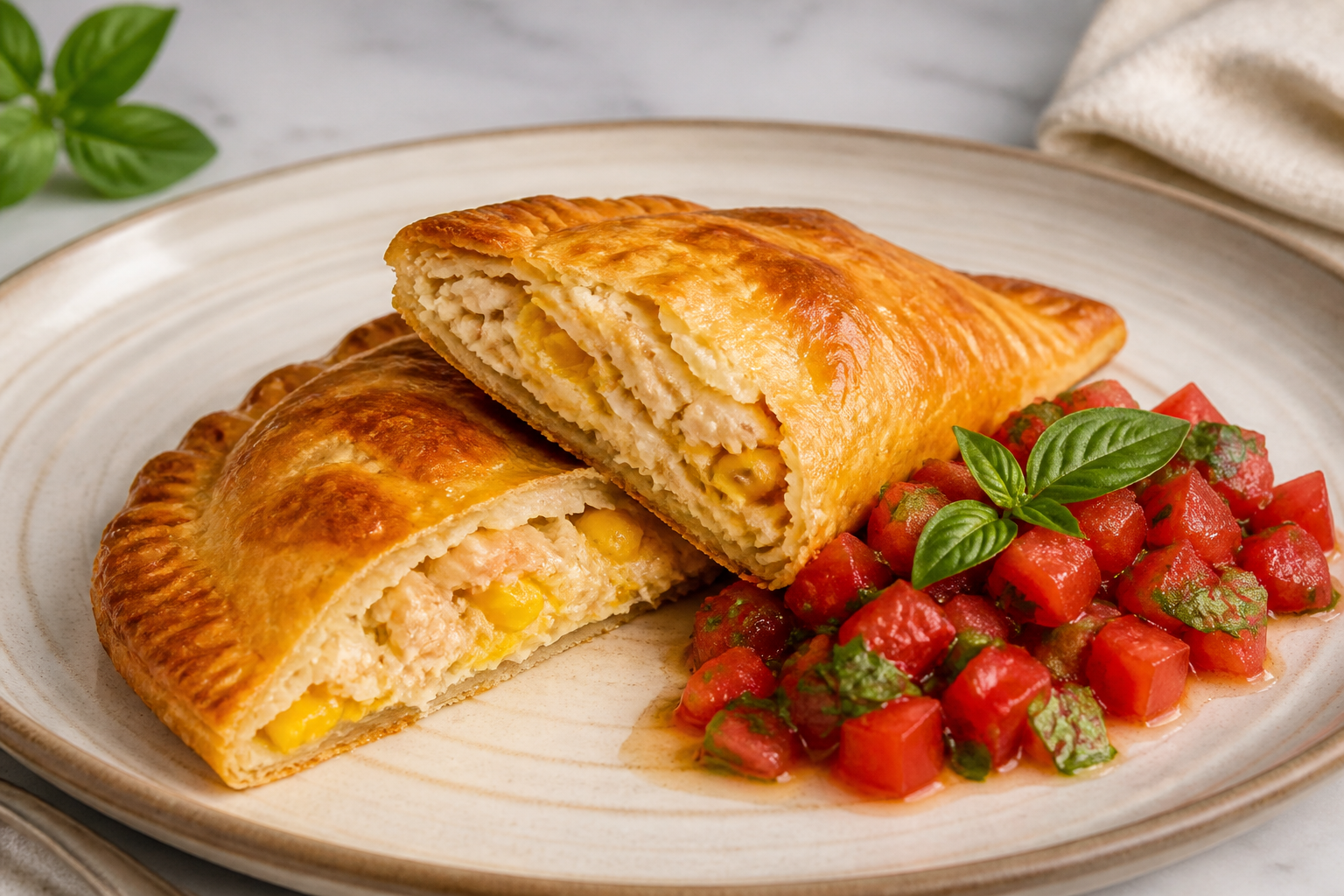 Brazilian Baked Pastry with Hearts of Palm, Corn and Minas Cheese with Tomato Basil Vinaigrette