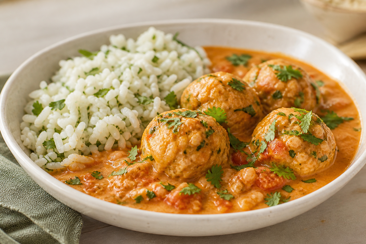 Brazilian Turkey and Yuca Meatballs in Tomato, Coconut and Lime Sauce with Cilantro Rice