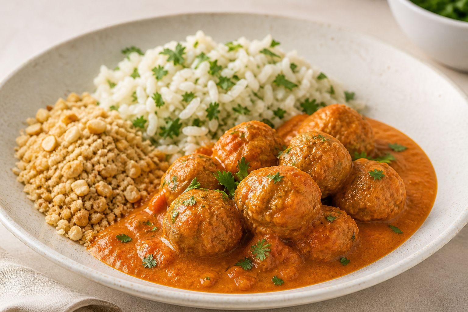 Albóndigas Brasileñas de Pavo y Yuca en Salsa de Tomate con Coco, Arroz de Cilantro y Farofa Crujiente de Cajú