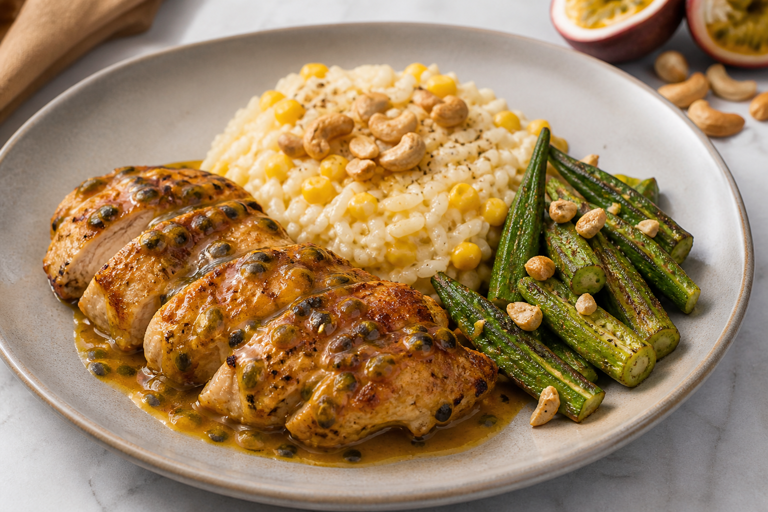 Brazilian Passion Fruit Chicken with Creamy Corn Rice, Roasted Okra and Cashew Crunch