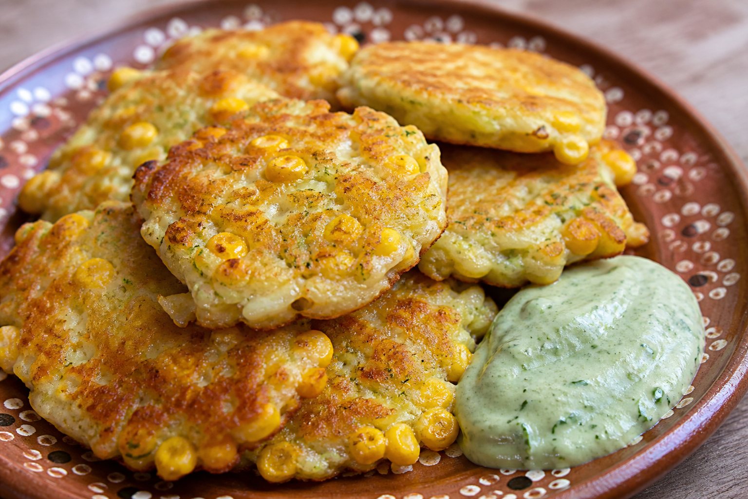 Salvadoran chayote and hard cheese fritters with cilantro tomatillo cream