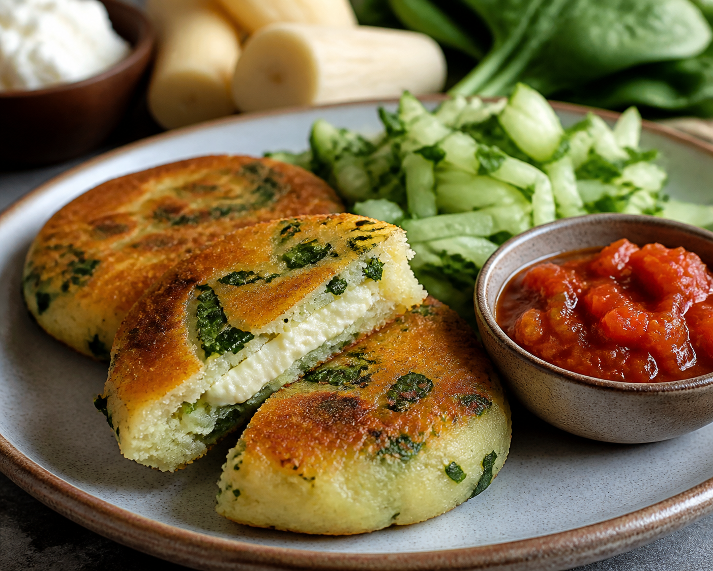 Salvadoran yuca and spinach cakes with requesón center, toasted alguashte tomato sauce, and cucumber slaw