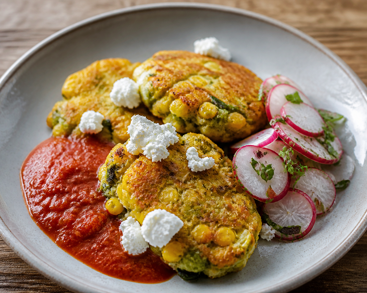 Salvadoran corn and green bean fritters with ricotta-style cheese, roasted tomato sauce, and radish oregano salad