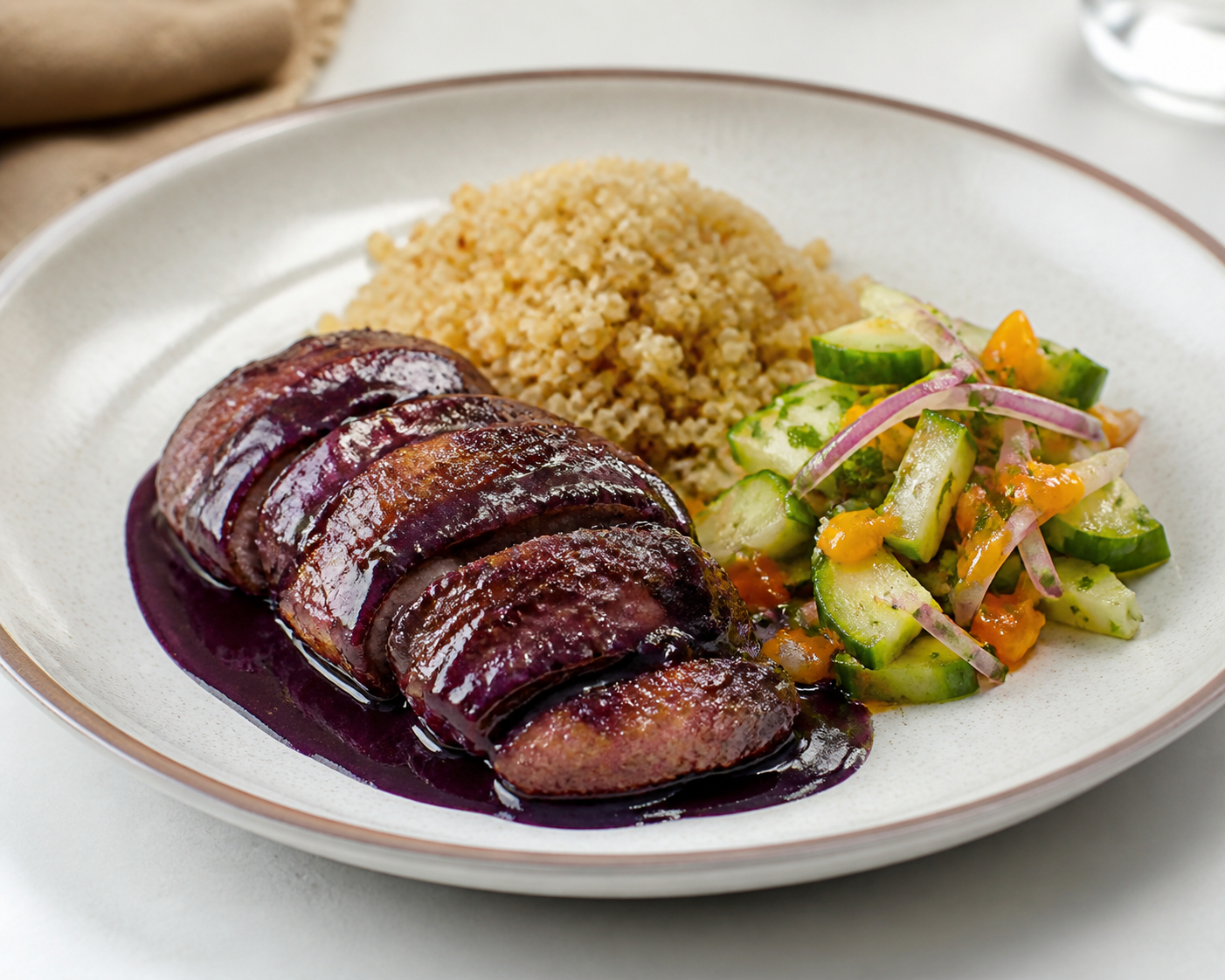 Chicken in Purple Corn Reduction with Toasted Quinoa, Aji Amarillo and Creole Cucumber Salad