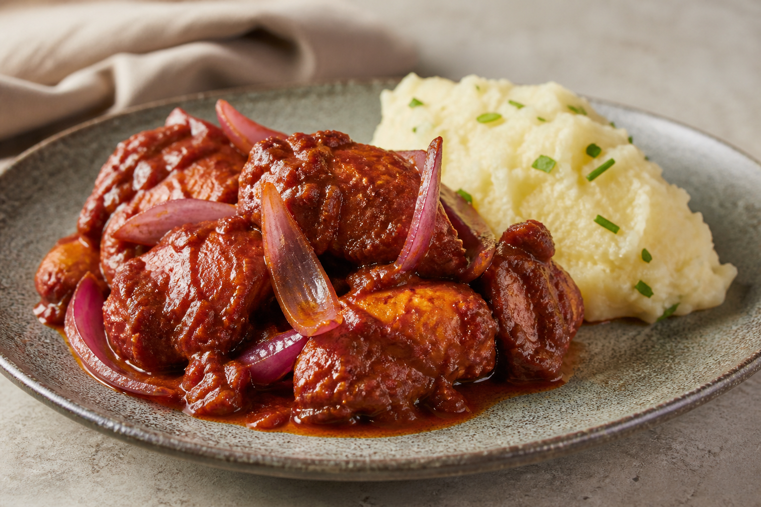 Lima-Style Chicken Adobo with Aji Panca, Chicha de Jora and Rustic Yuca Mash