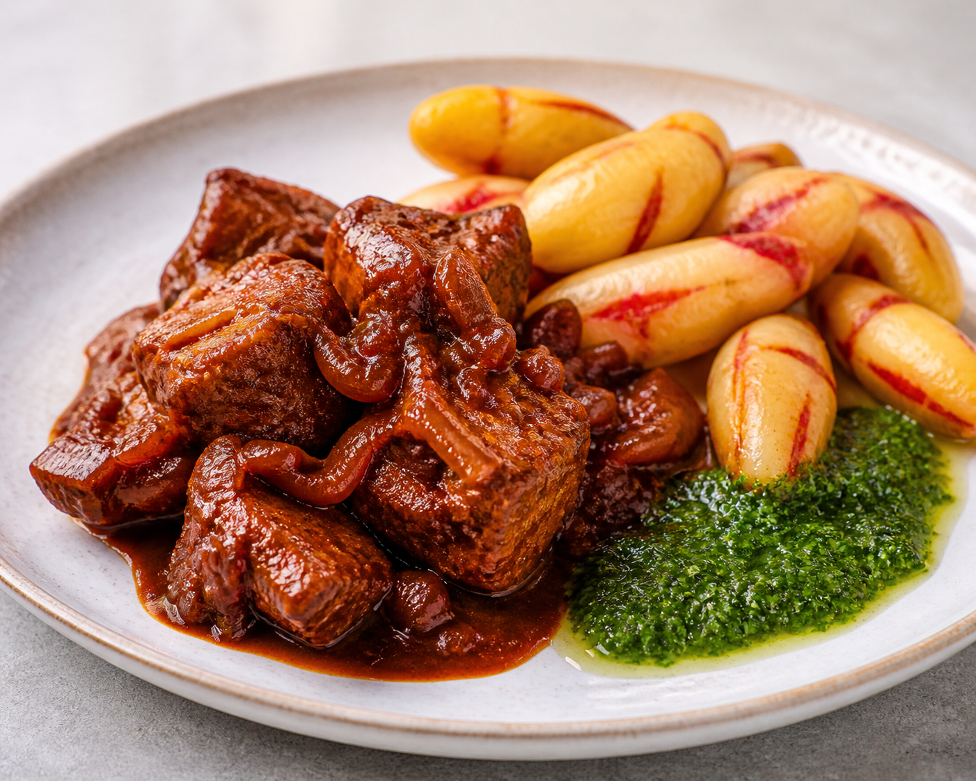 Adobo Limeño de Cerdo con Oca Asada y Salsa de Hierbabuena