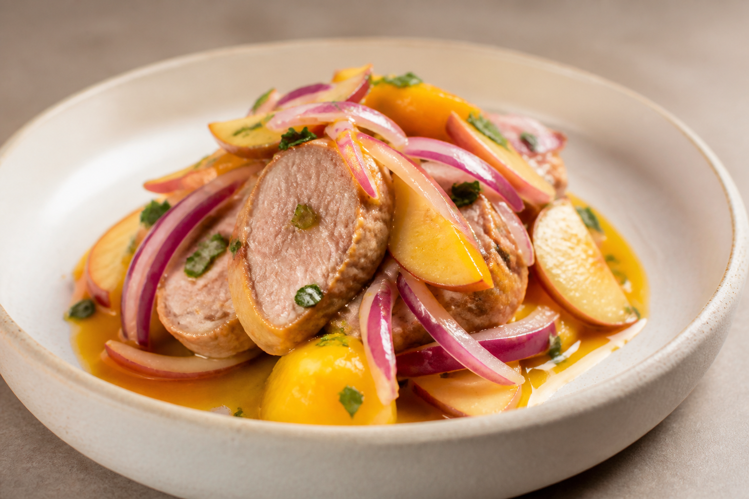 Escabeche Templado de Cerdo con Ají Amarillo, Pera y Papa Amarilla