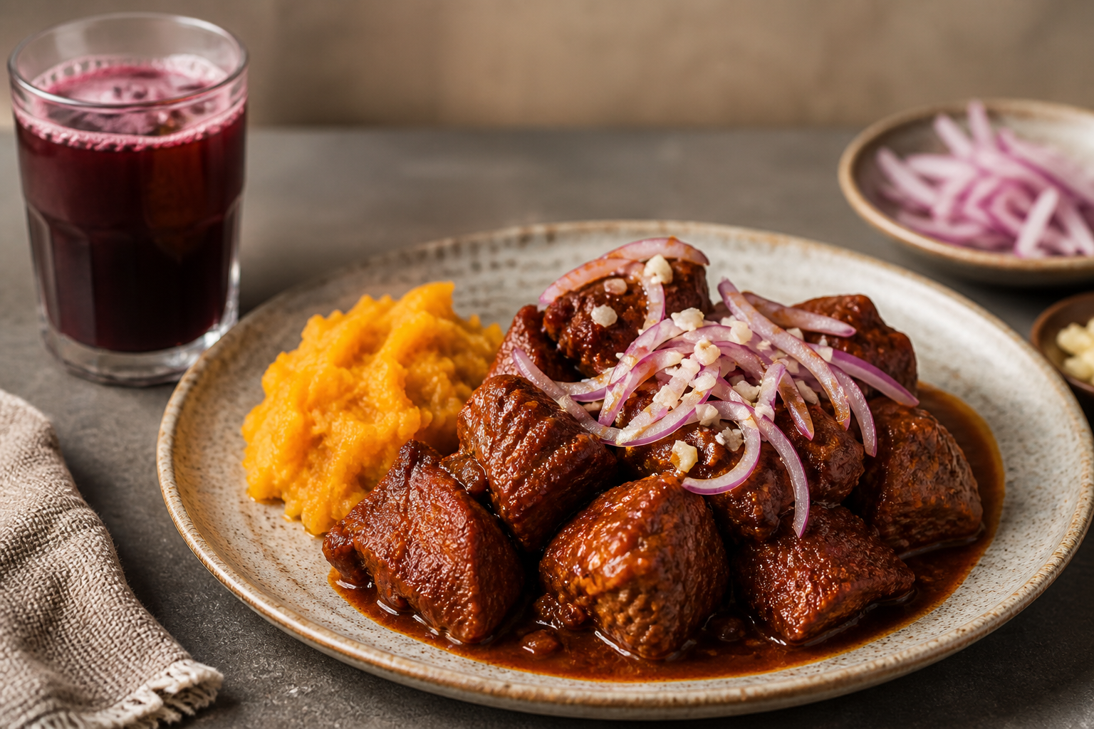 Lima-Style Pork Adobo with Purple Corn Drink, Ají Panca and Rustic Sweet Potato Mash