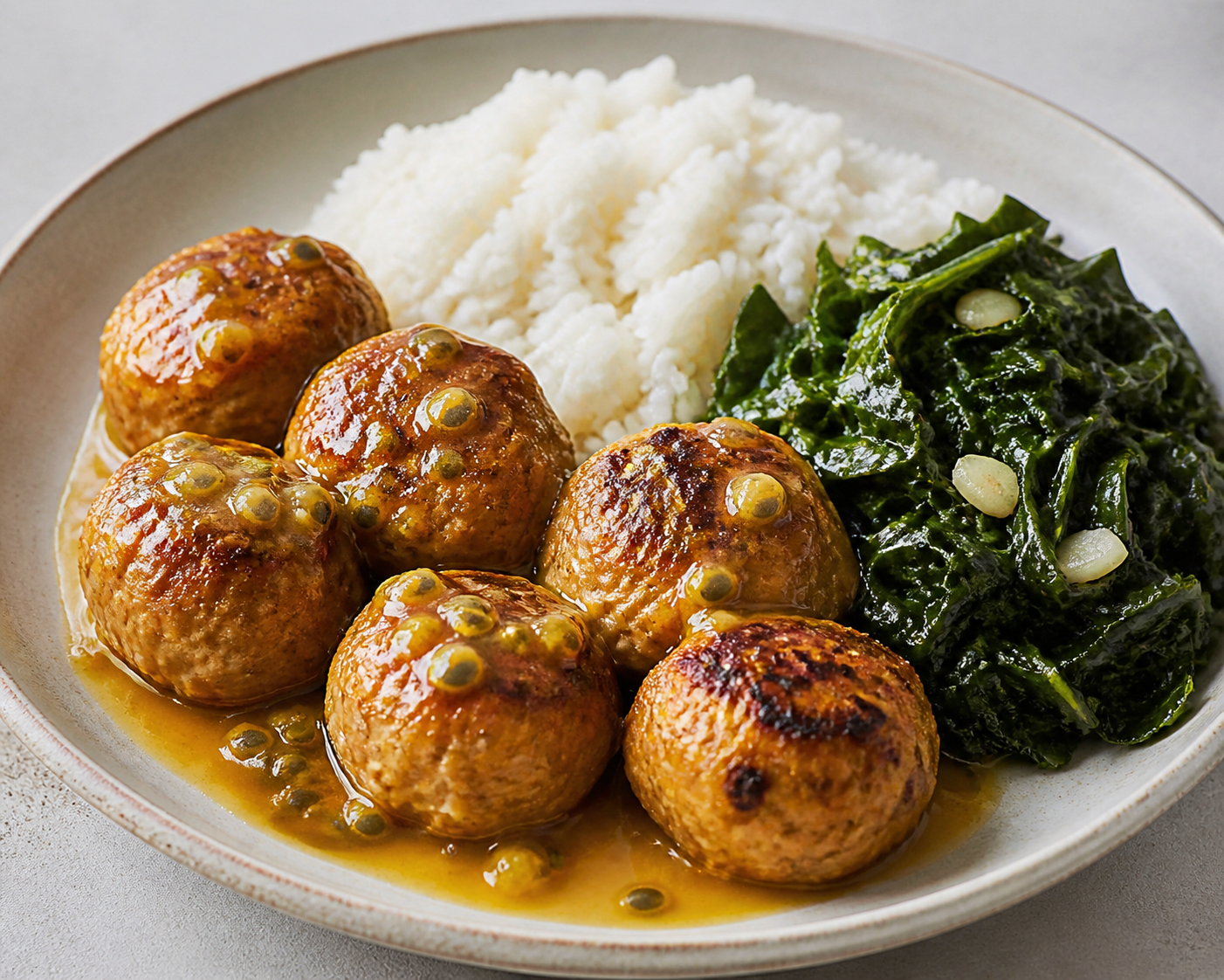 Brazilian Turkey and Cassava Meatballs in Passion Fruit Sauce with Coconut Rice and Garlic Collards