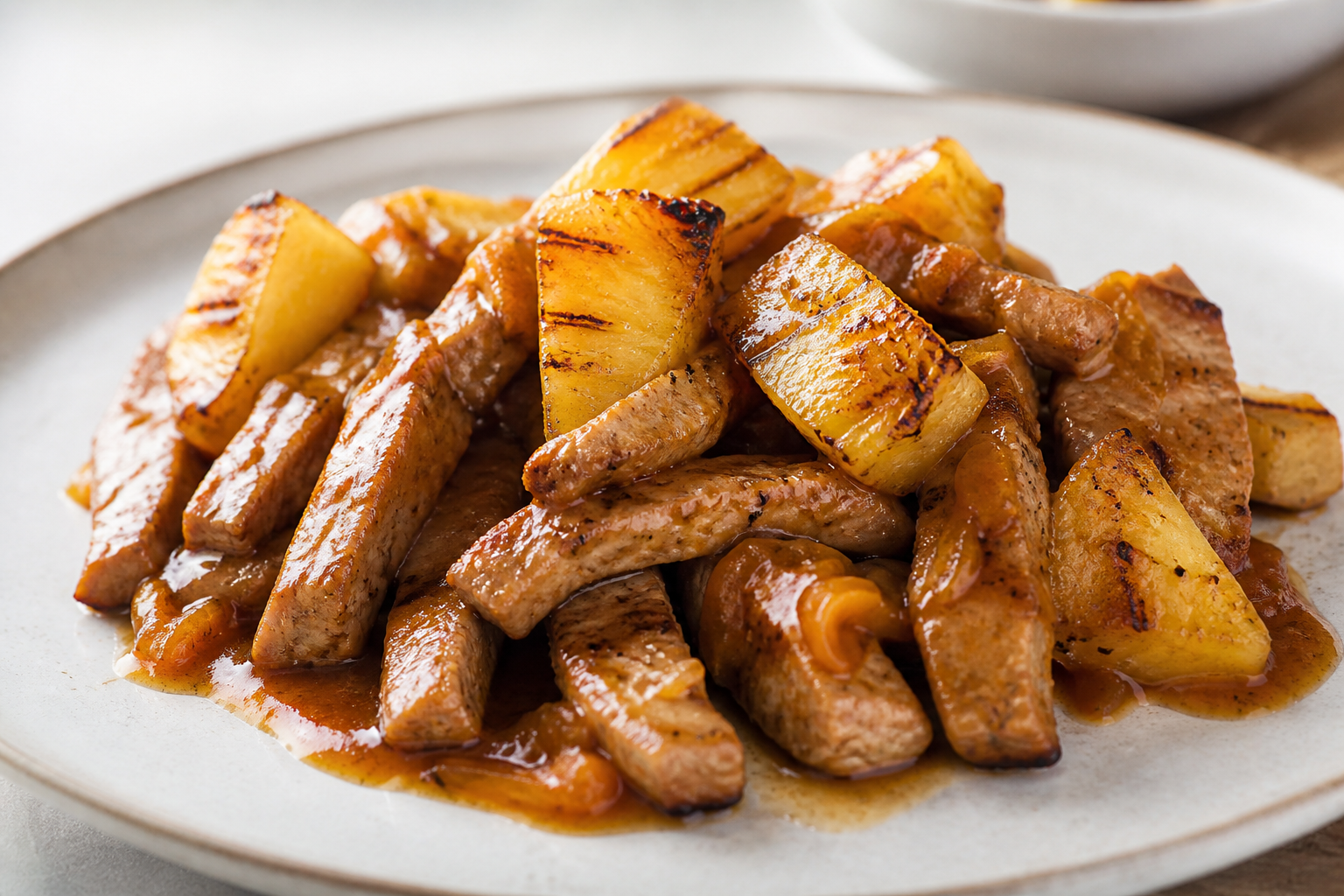 Saltado Peruano de Cerdo con Tamarindo, Ají Amarillo y Piña a la Plancha